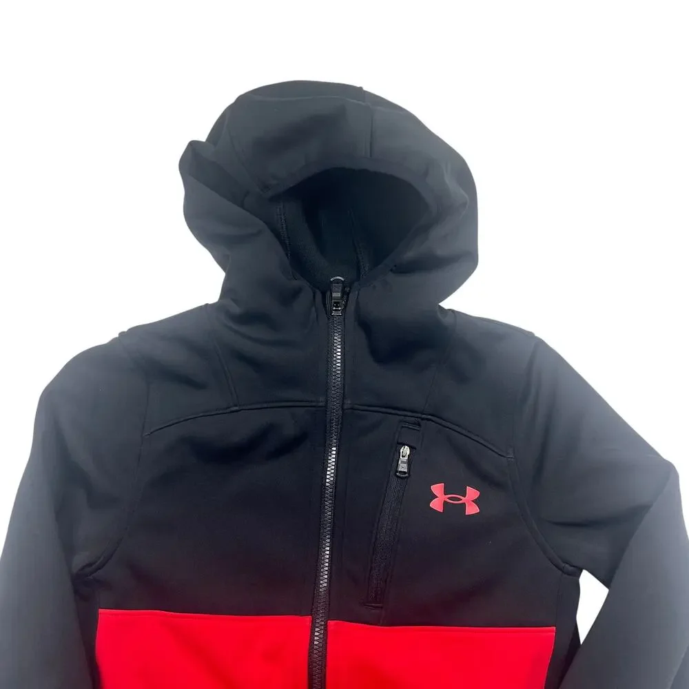 Under Armour Kid's Red Softshell Front Zip Hooded Coat Jacket Fleece Outdoorsy S